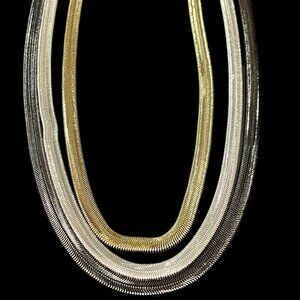 Herringbone 3 Strand Tricolor Gold Silver and Black Chain Necklace Layered